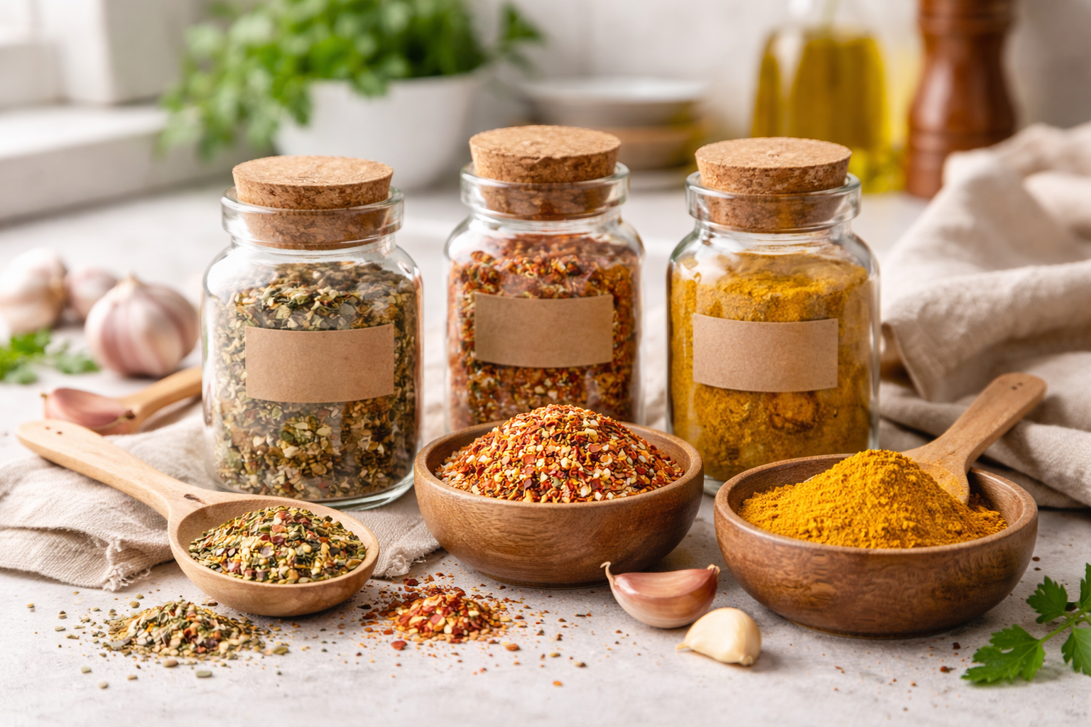 Koření v rustikálních skleněných nádobách